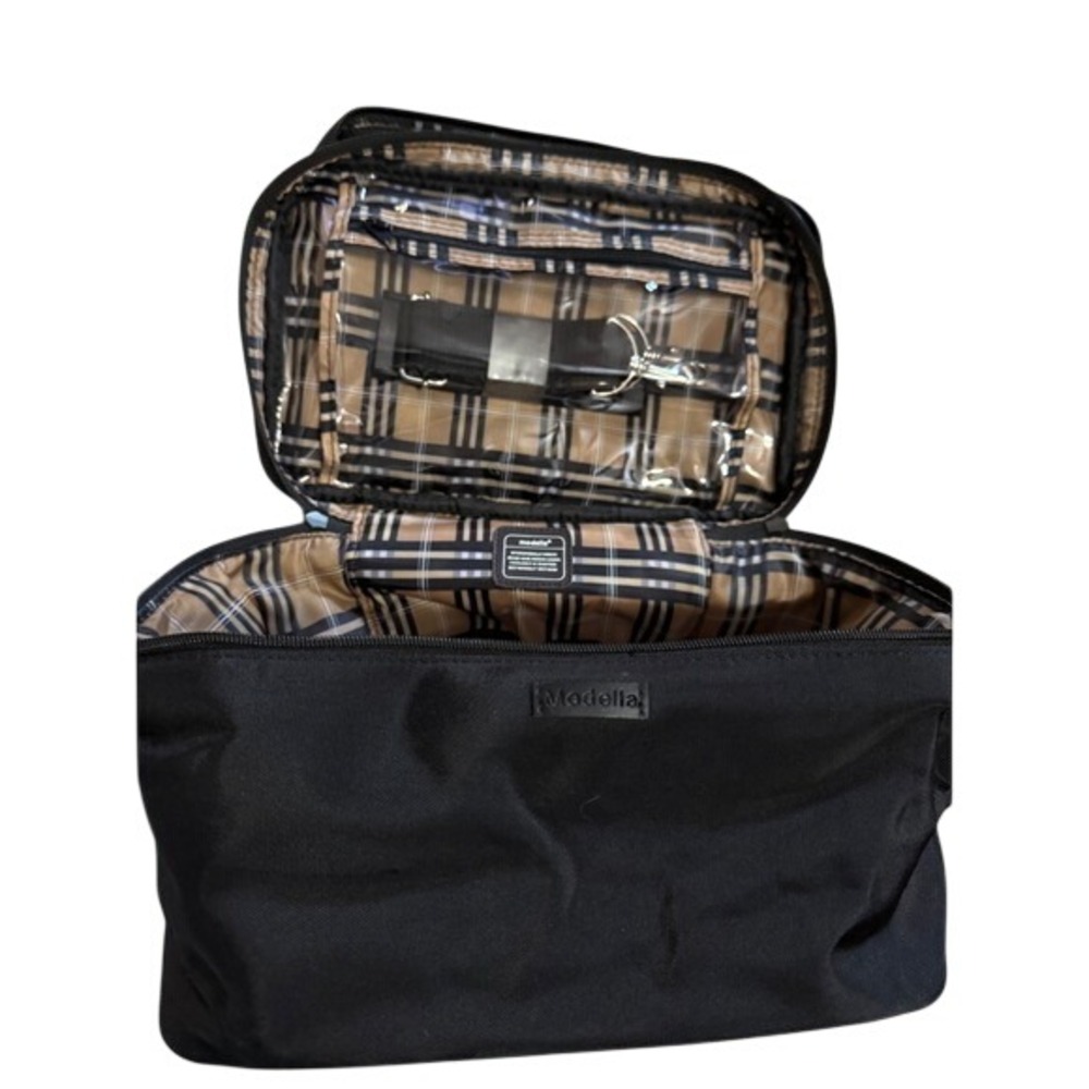 Modella Black Nylon Large Travel Train Case Makeup Bag Plaid Lining with Strap